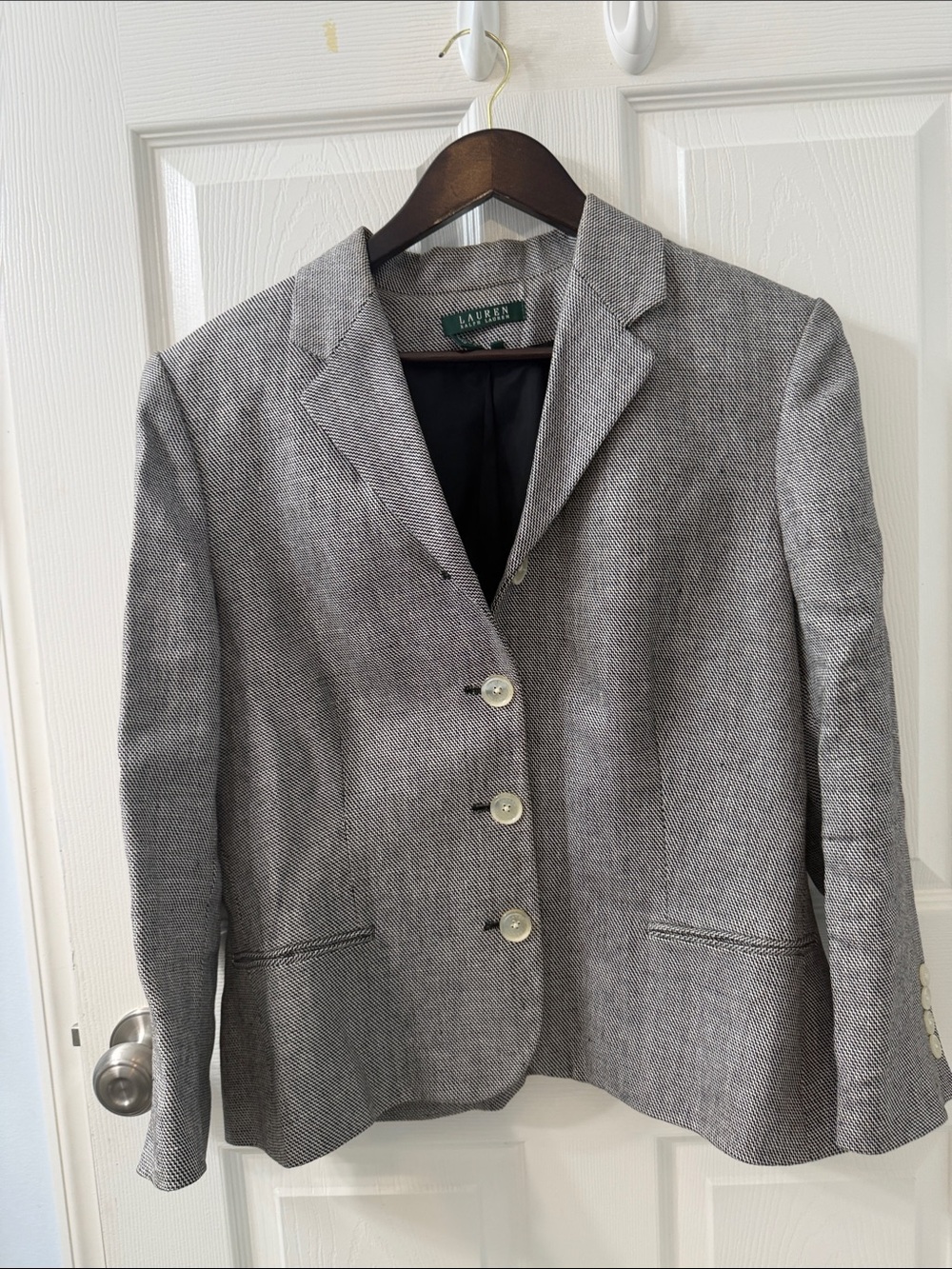 Lauren Ralph Lauren Black and Cream Herringbone Notch Lapel Linen Blazer Size 16